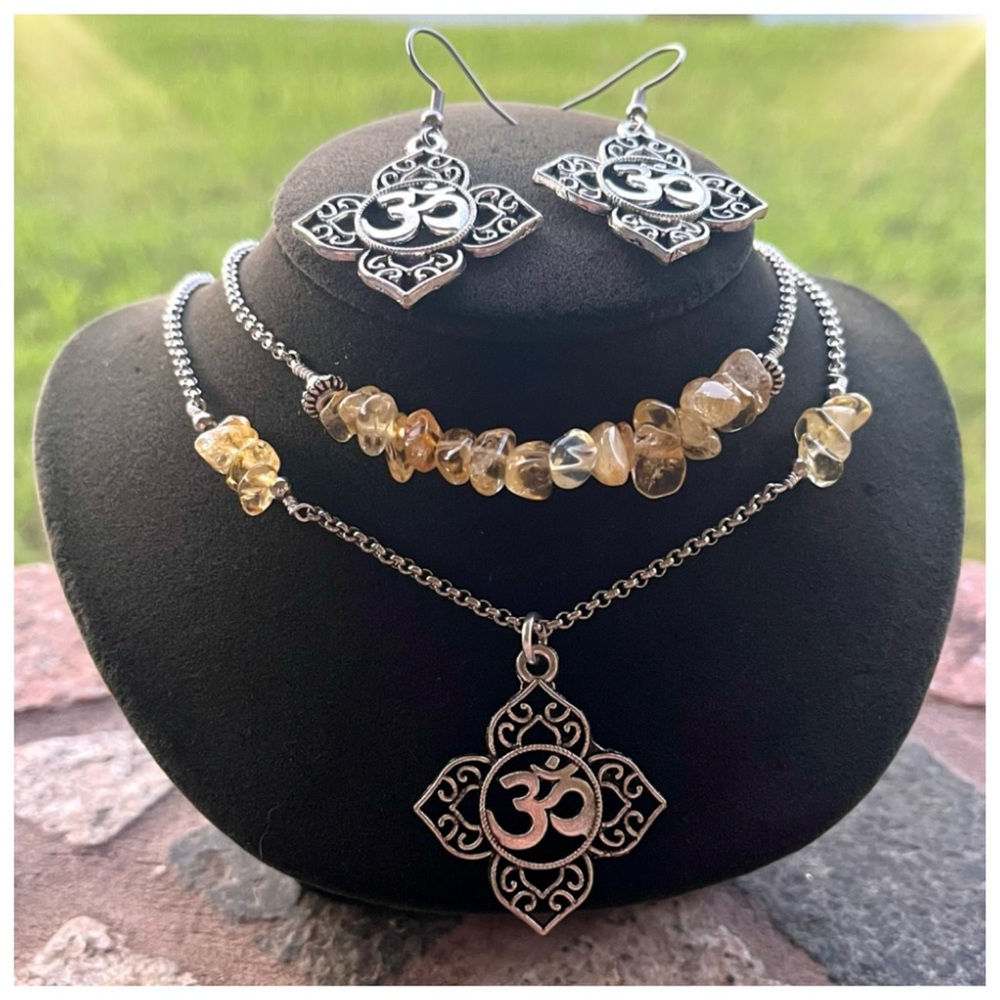 Om sign citrine set . Double layer Necklace with matching earrings boho stones